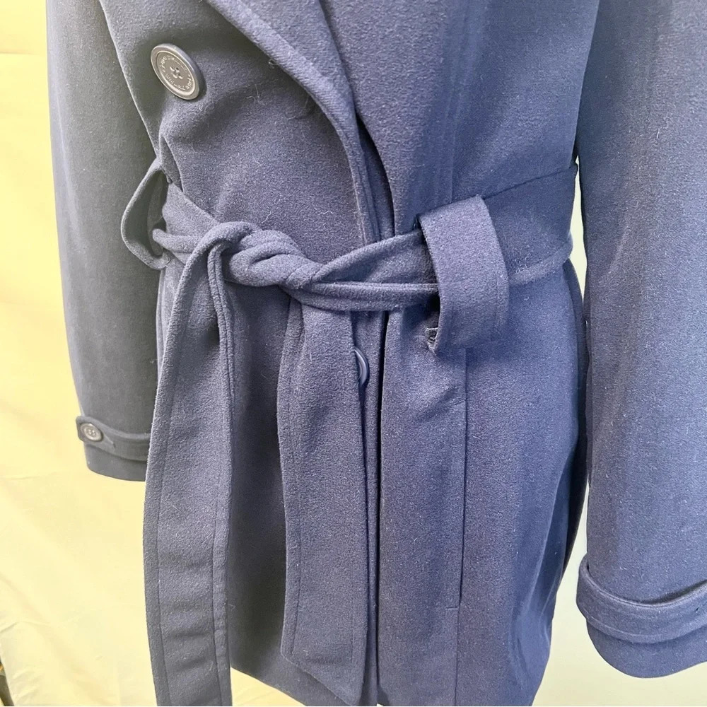 JOUJOU Double Breasted Navy Blue Belted Wool Trench Coat with Lining Size Large - Picture 2 of 16